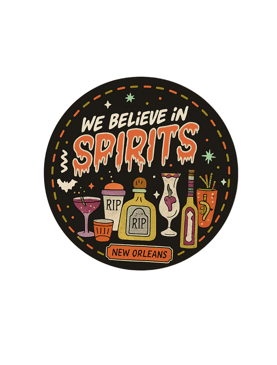 Circular sticker with 'We Believe in Spirits' text and cocktail graphics on a black background