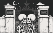 Black and white New Orleans magnet featuring two skeletons embracing in front of the gates of St. Louis Cemetery No. 1