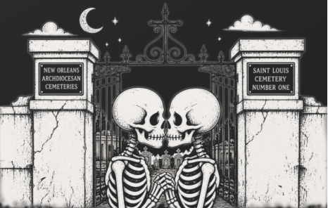 Black and white New Orleans magnet featuring two skeletons embracing in front of the gates of St. Louis Cemetery No. 1