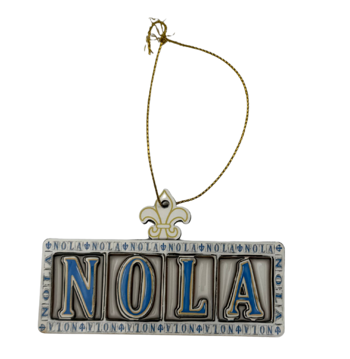 A rectangular metal Christmas ornament spelling 'NOLA' in raised letters with blue enamel fill, bordered by script text, hanging from a gold-tone chain on a plain white background.