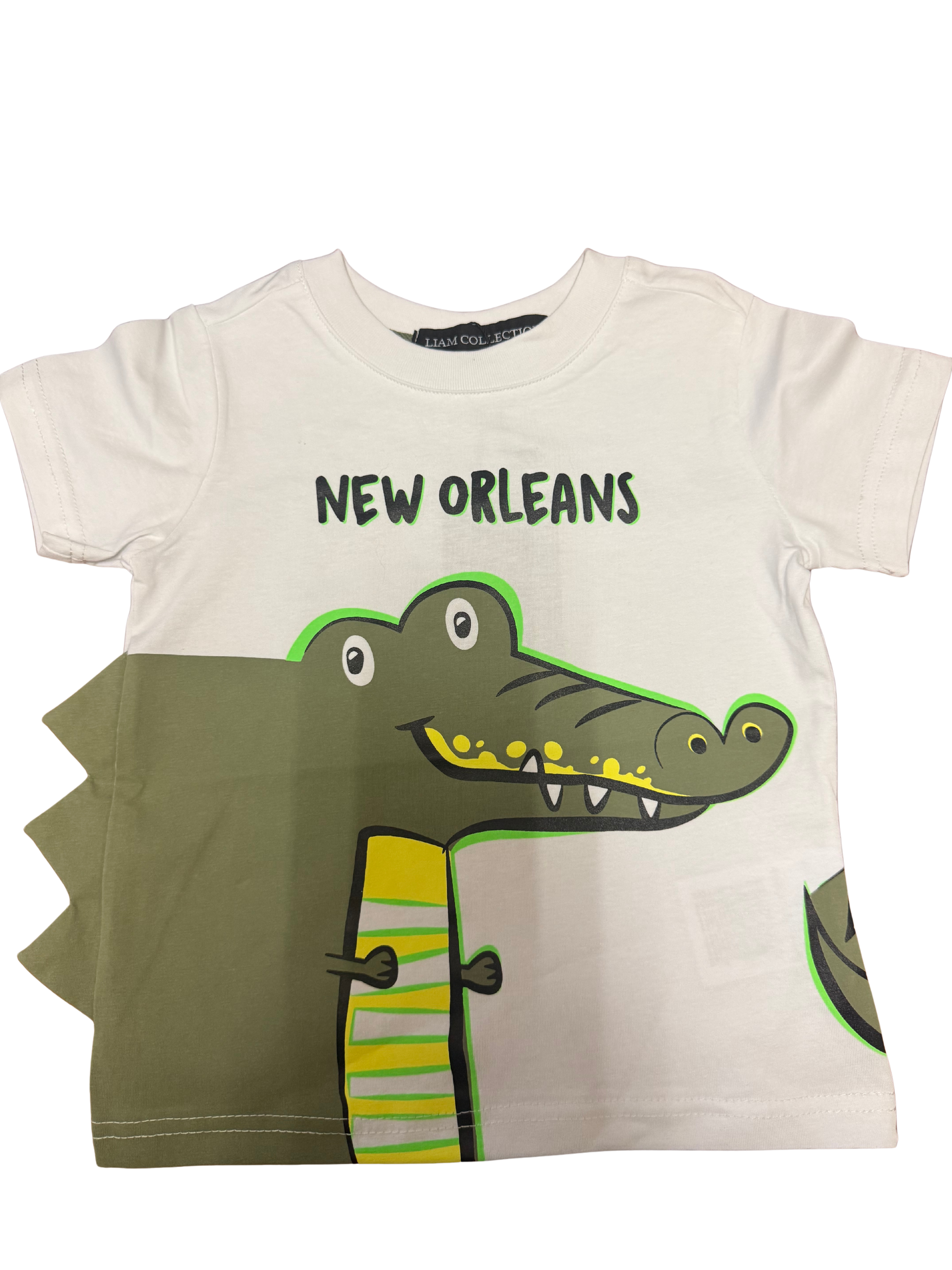 Children's t-shirt with a cartoon alligator and 'New Orleans' text on a white background