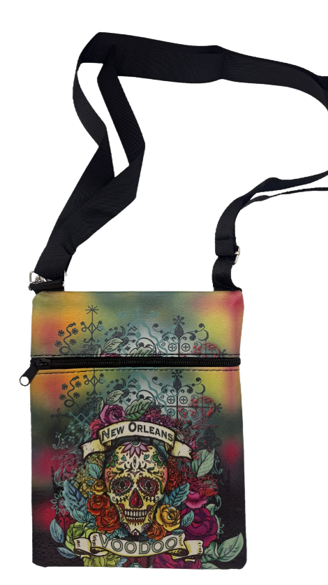 Colorful shoulder bag with skull design and 'New Orleans Voodoo' text on a white background