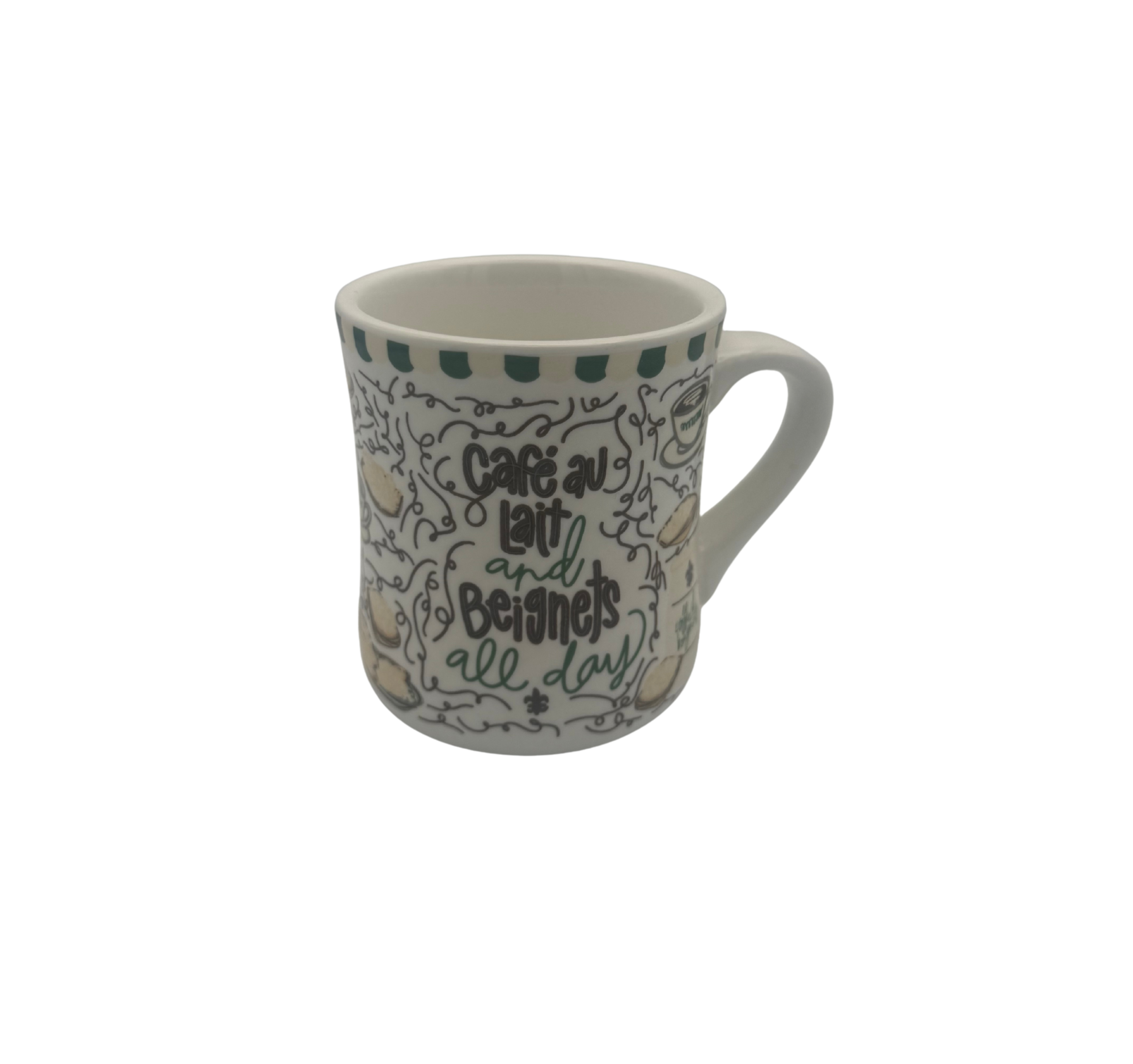 White mug with black text and green accents on a white background