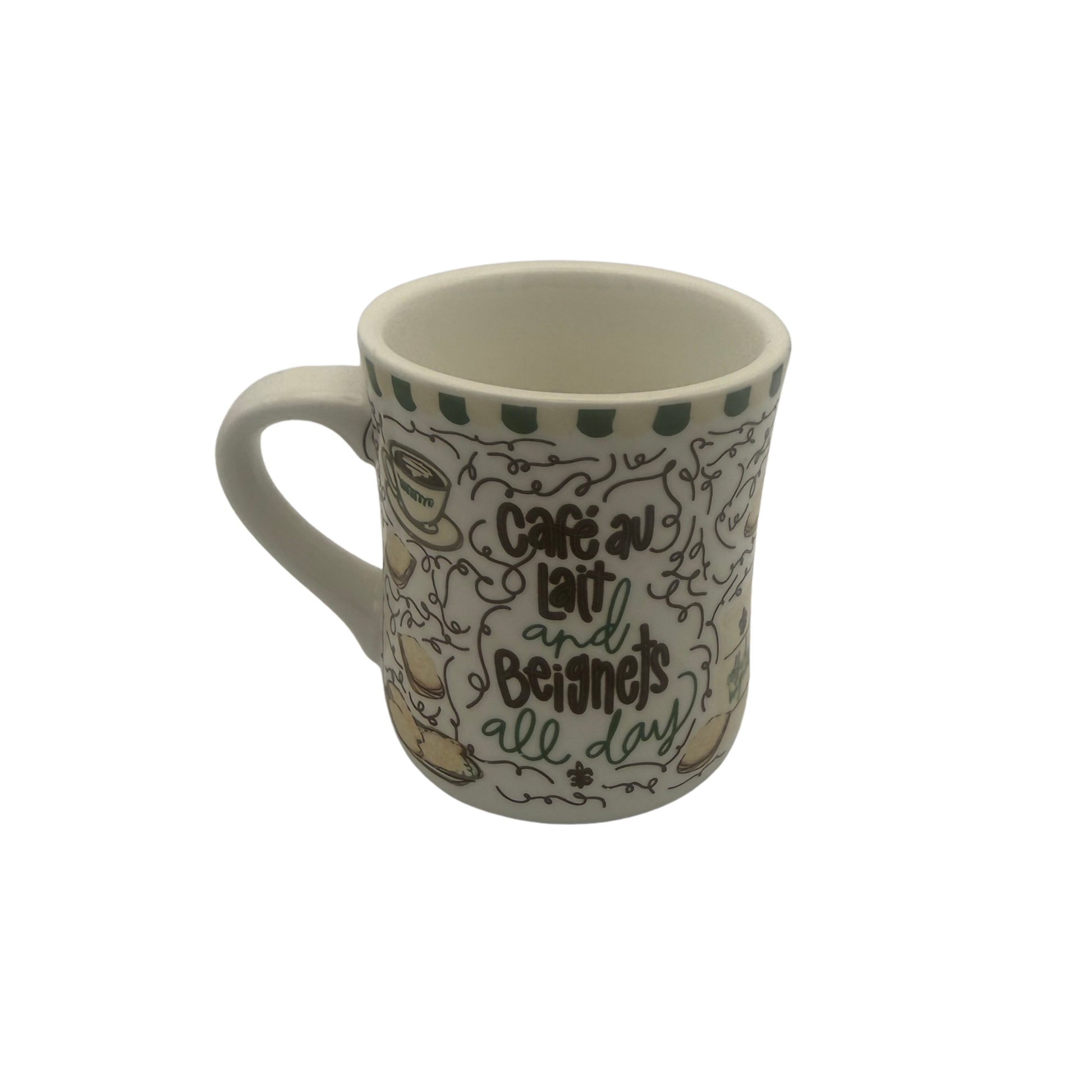 White mug with black text and patterns on a white background