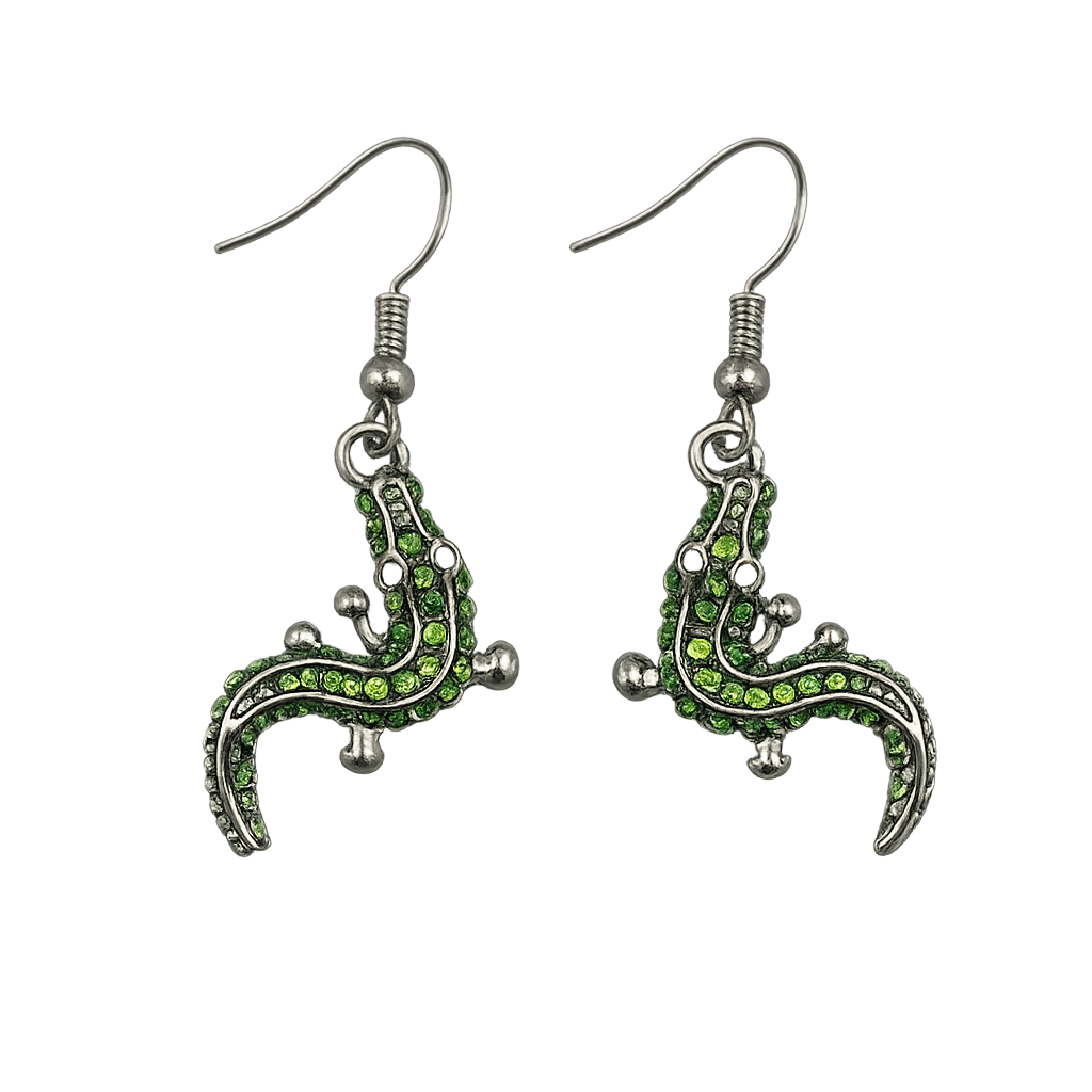 Geco-shaped earrings with green gemstones on a white background