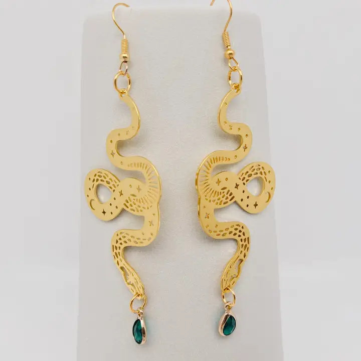 Green Crystal Snake Earrings with Star and Moon