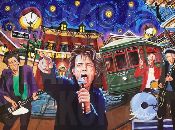Stones at the Dome 2024 art print by Shakor featuring Mick Jagger and the Rolling Stones performing with a green New Orleans streetcar, French Quarter balconies and glowing streetlamps