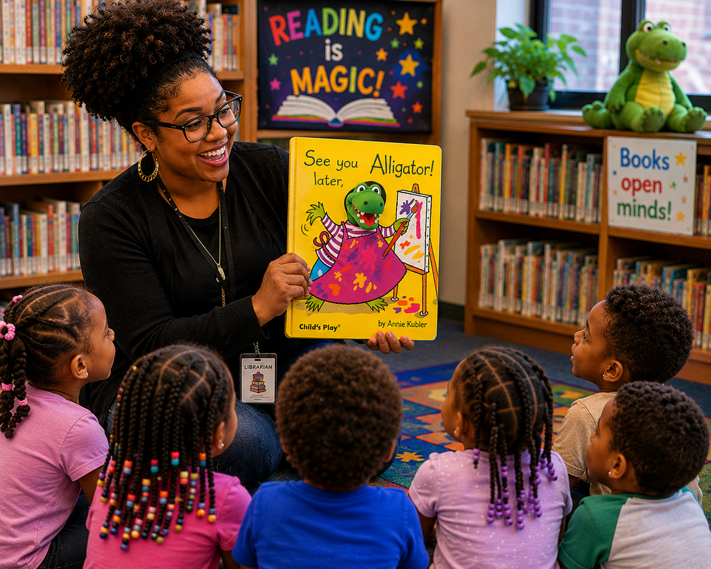 Teacher reading a book to children in a library setting with 'Reading is Magic!' sign.