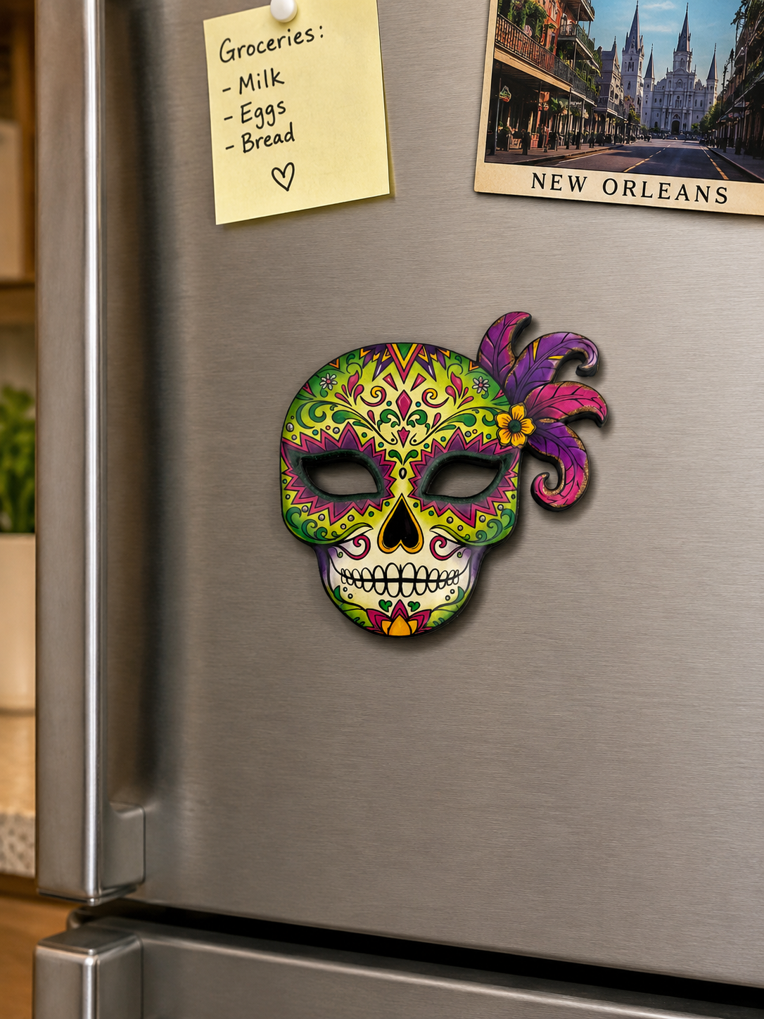 Sugar Skull with Feathers Magnet