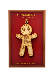 Gold voodoo doll ornament with 'New Orleans Voodoo' text on a red background