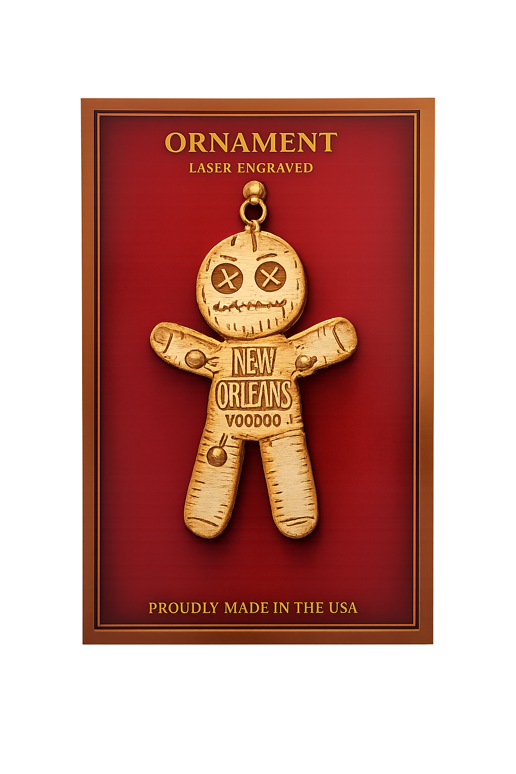 Gold voodoo doll ornament with 'New Orleans Voodoo' text on a red background